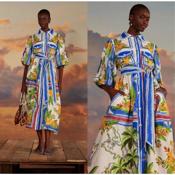 FARM Rio Dresses & Skirts - FARM Rio White Blue Tropical-Print Midi Shirtdress